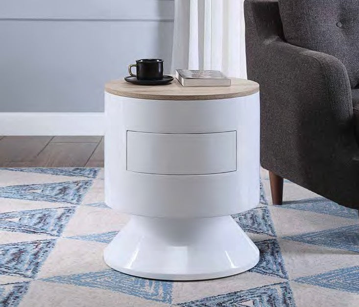 Acme 97596 Orren ellis murtaz otith modern natural and white high gloss finish round end table