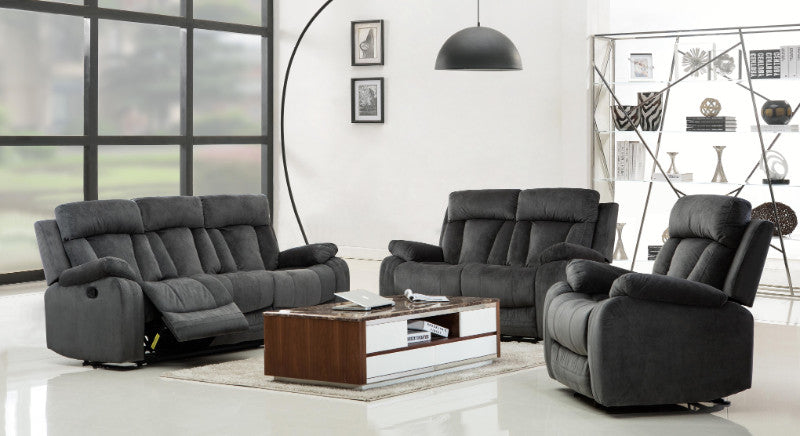 Global United 9760GR-2PC 2 pc Parsons II gray bella fabric sofa and love seat with recliner ends