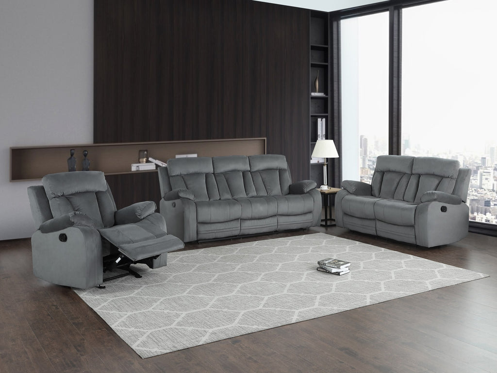Global United 9760GR-2PC 2 pc Parsons II gray bella fabric sofa and love seat with recliner ends