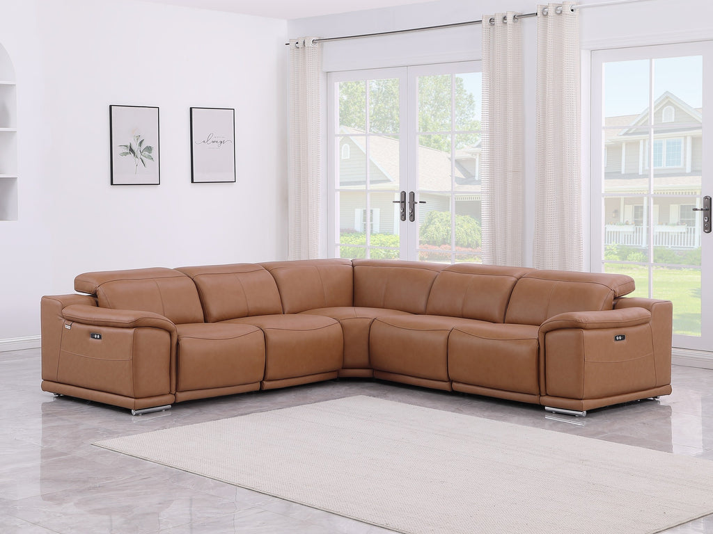 Global United 9762CG-5PC 5 pc DivanItalia cognac italian leather power reclining sectional sofa adjustable headrests
