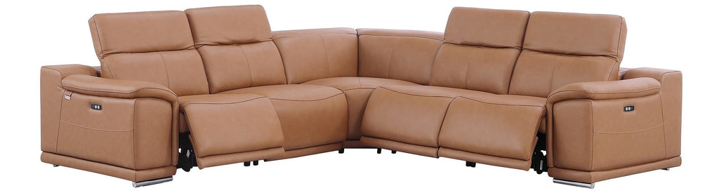 Global United 9762CG-5PC 5 pc DivanItalia cognac italian leather power reclining sectional sofa adjustable headrests
