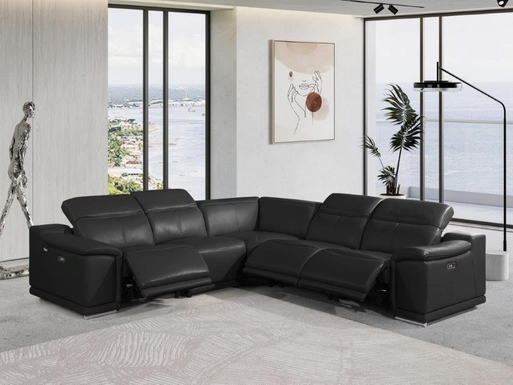 Global United 9762BK-5PC 5 pc DivanItalia black italian leather power reclining sectional sofa adjustable headrests