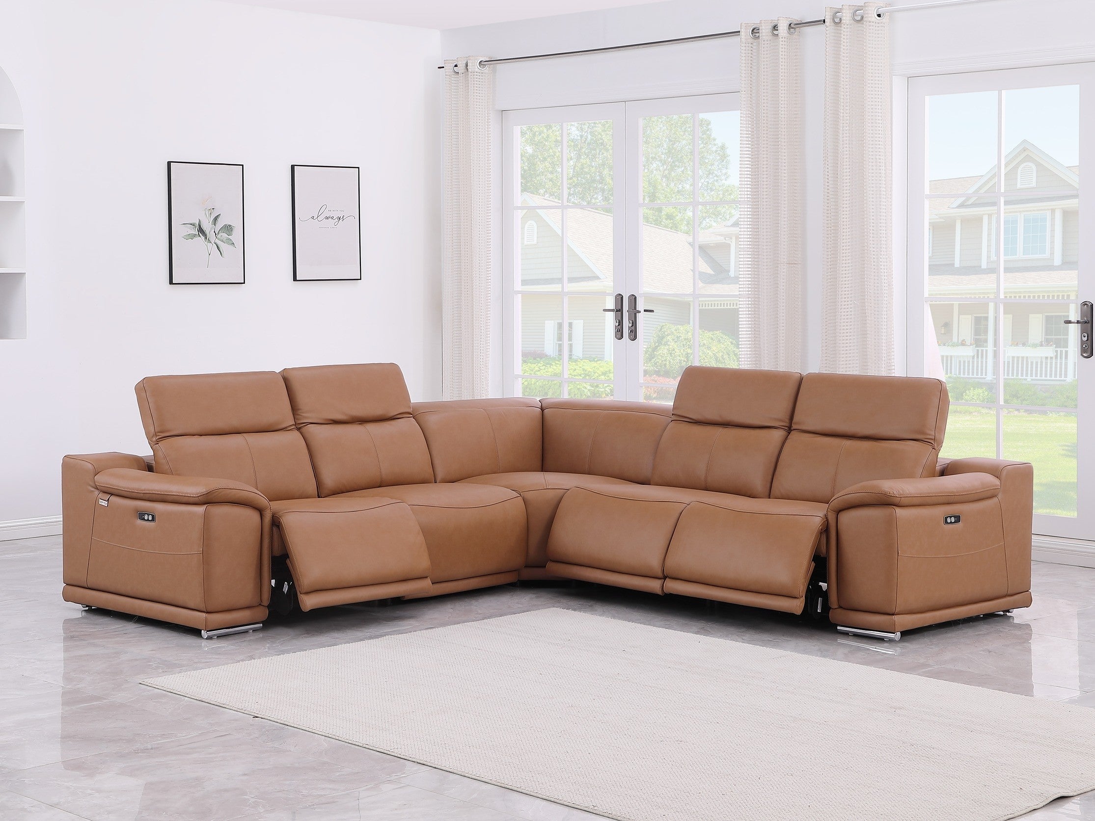 Global United 9762CG-5PC 5 pc DivanItalia cognac italian leather power reclining sectional sofa adjustable headrests