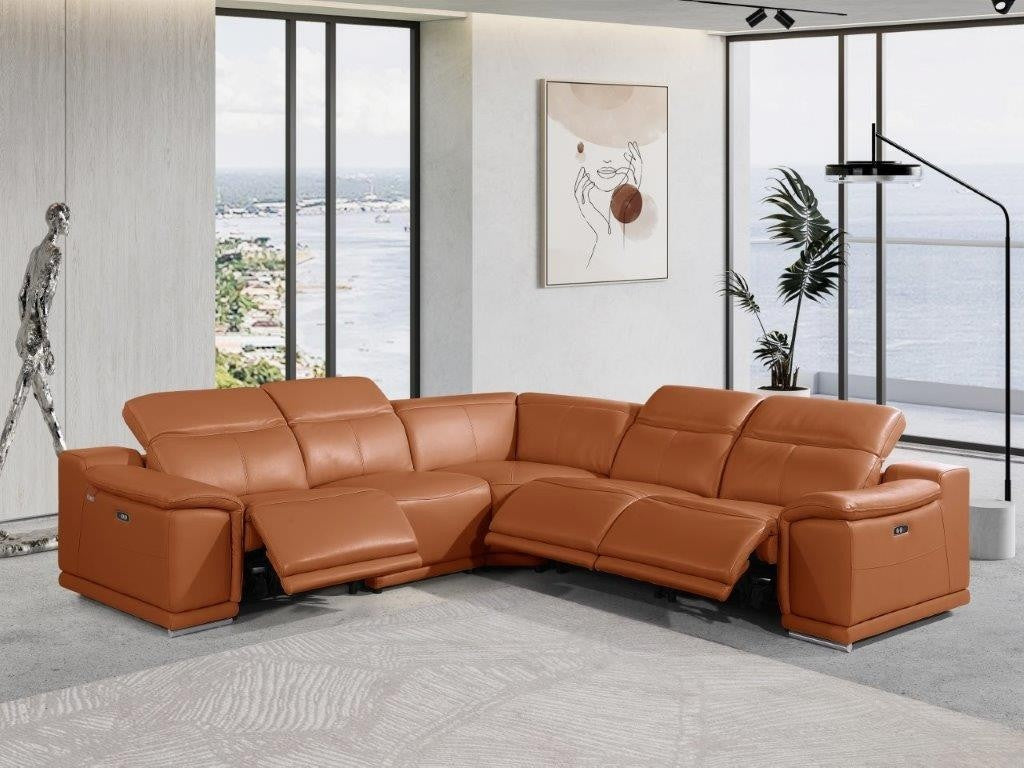 Global United 9762CM-5PC 5 pc DivanItalia camel italian leather power reclining sectional sofa adjustable headrests