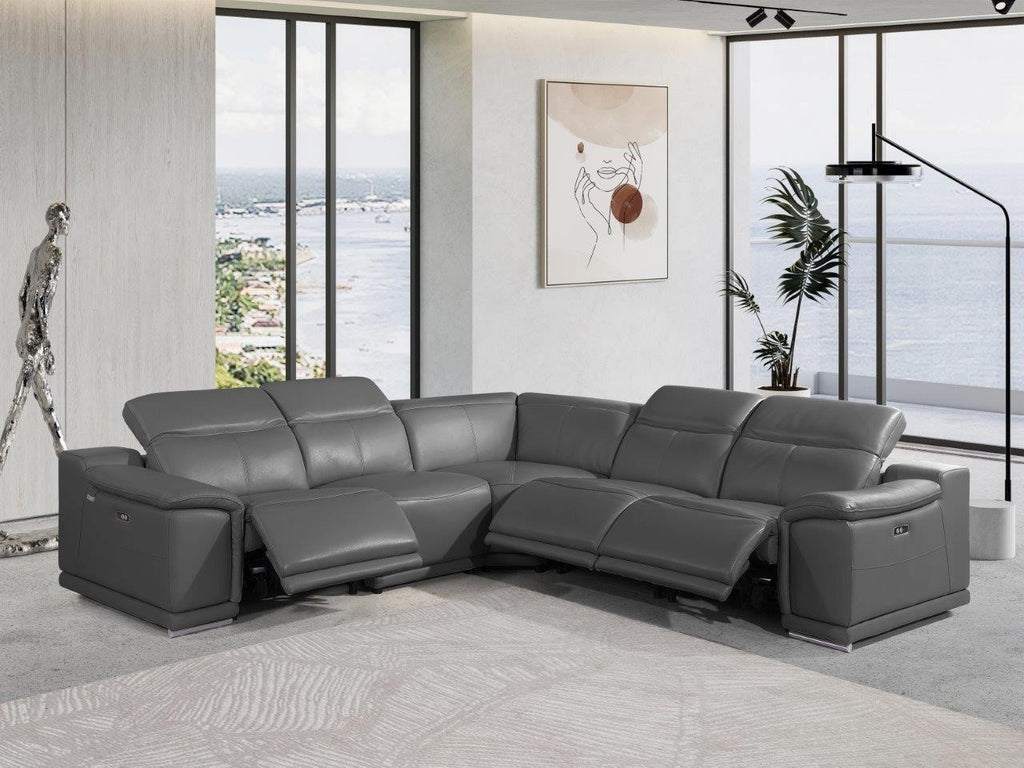 Global United 9762DG-5PC 5 pc DivanItalia dark grey italian leather power reclining sectional sofa adjustable headrests