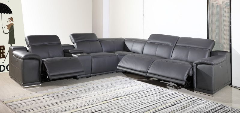 Global United 9762GY-6PC 6 pc DivanItalia gray italian leather power reclining sectional sofa adjustable headrests