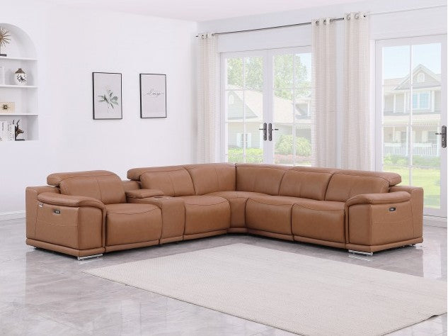 Global United 9762CG-6PC 6 pc DivanItalia cognac italian leather power reclining sectional sofa adjustable headrests