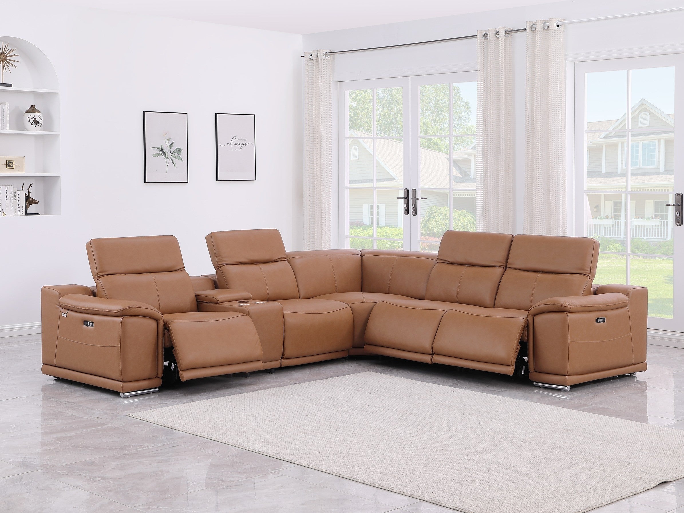 Global United 9762CG-6PC 6 pc DivanItalia cognac italian leather power reclining sectional sofa adjustable headrests