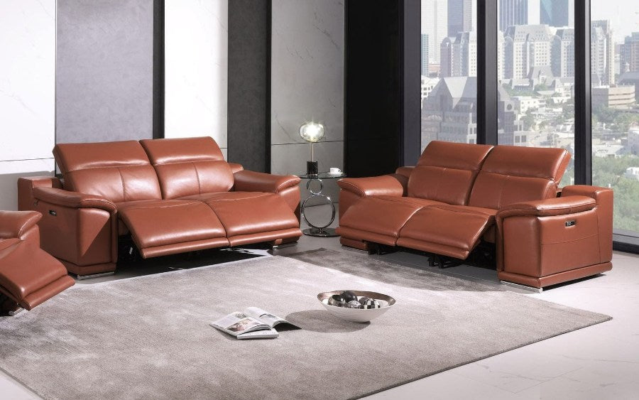 Global United DivanItalia Camel Italian Leather 2-Piece Power Reclining Sofa and Love Seat with Adjustable Headrests – 9762CM-2PC