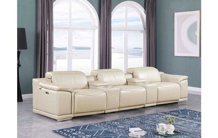 Global United 9762BG-5PC-TH 5 pc DivanItalia beige italian leather power reclining theater sofa with consoles and adjustable headrests