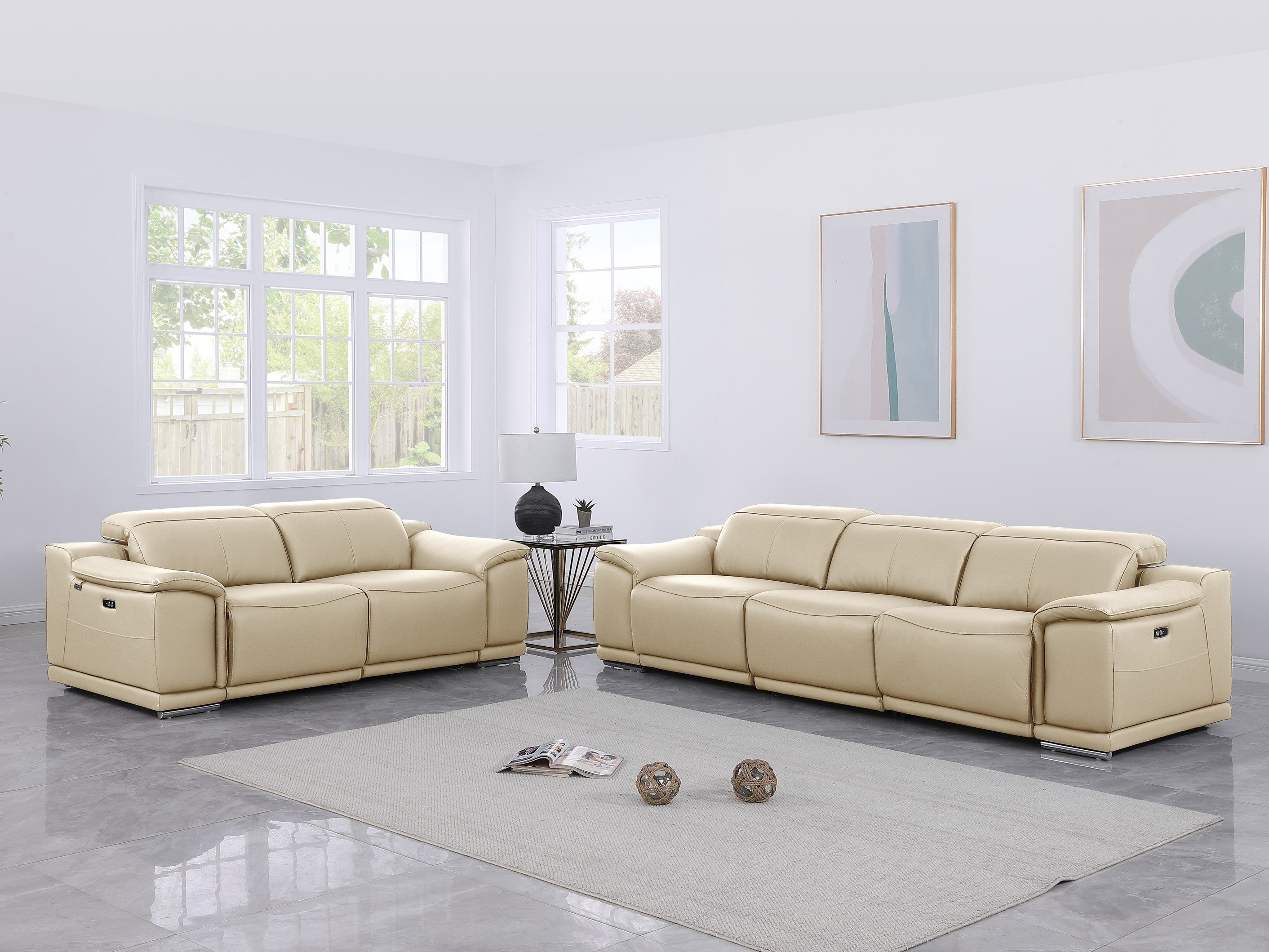 Global United 9762BG-2PC 2 pc DivanItalia beige italian leather power reclining sofa and love seat adjustable headrests