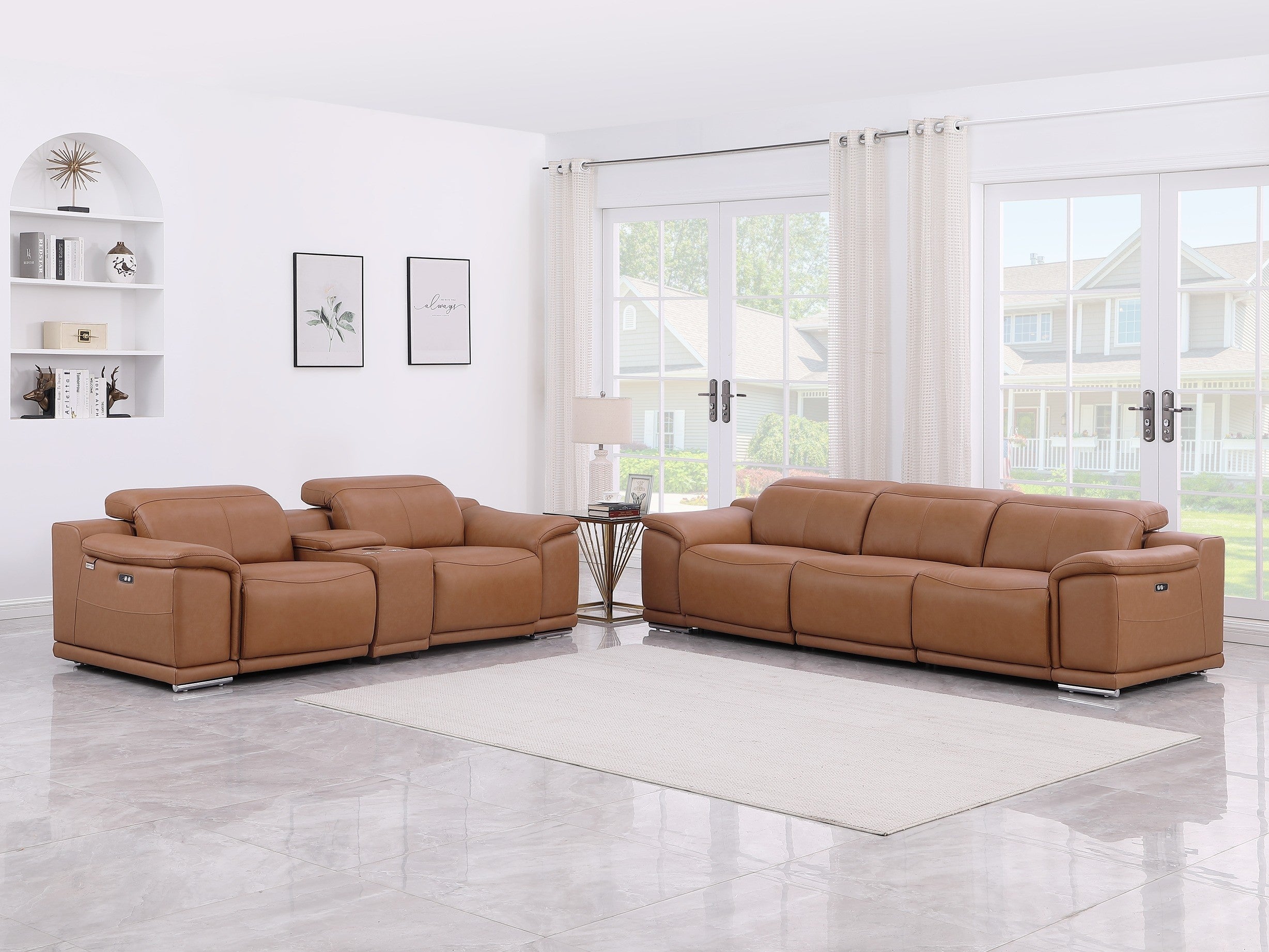 Global United 9762CG-2PC-CN 2 pc DivanItalia cognac italian leather power reclining sofa and love seat adjustable headrests
