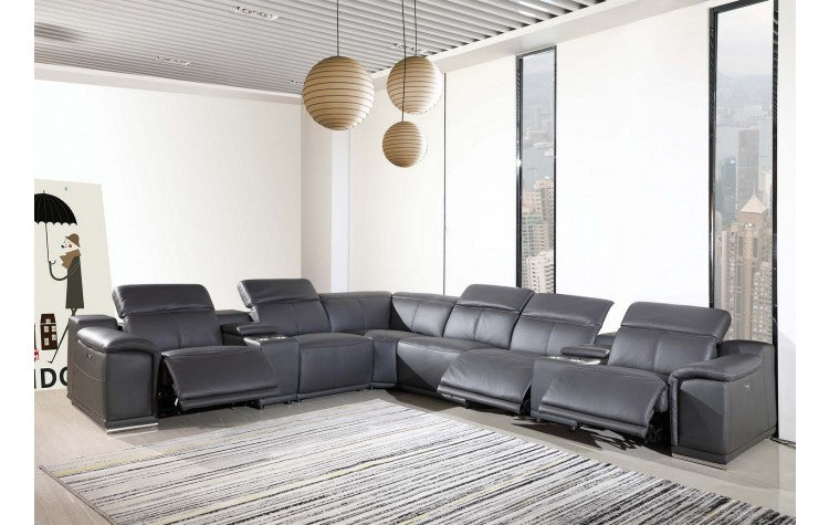 Global United 9762GY-8PC 8 pc DivanItalia grey italian leather power reclining sectional sofa adjustable headrests