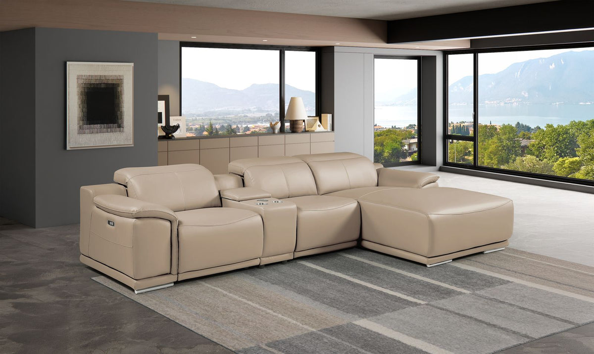 DivanItalia Beige Italian Leather 4-Piece Power Reclining Sectional with Chaise – 9762BEI-4PC-CH