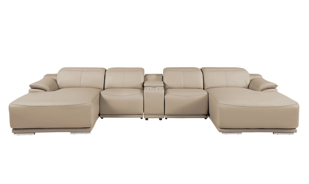DivanItalia Beige Italian Leather 5-Piece Sectional Sofa with Double Chaise – 9762BG-5PC-2CH