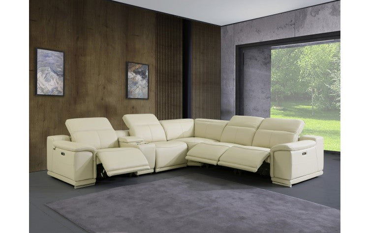 Global United 2679BG-6PC 6 pc Beige Genuine leather power reclining sectional sofa adjustable headrests