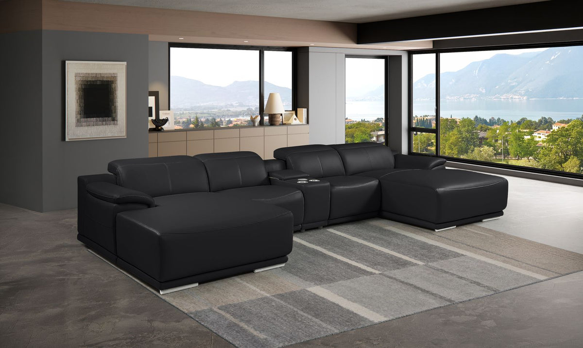 DivanItalia Black Italian Leather 5-Piece Sectional Sofa with Double Chaise – 9762BK-5PC-2CH