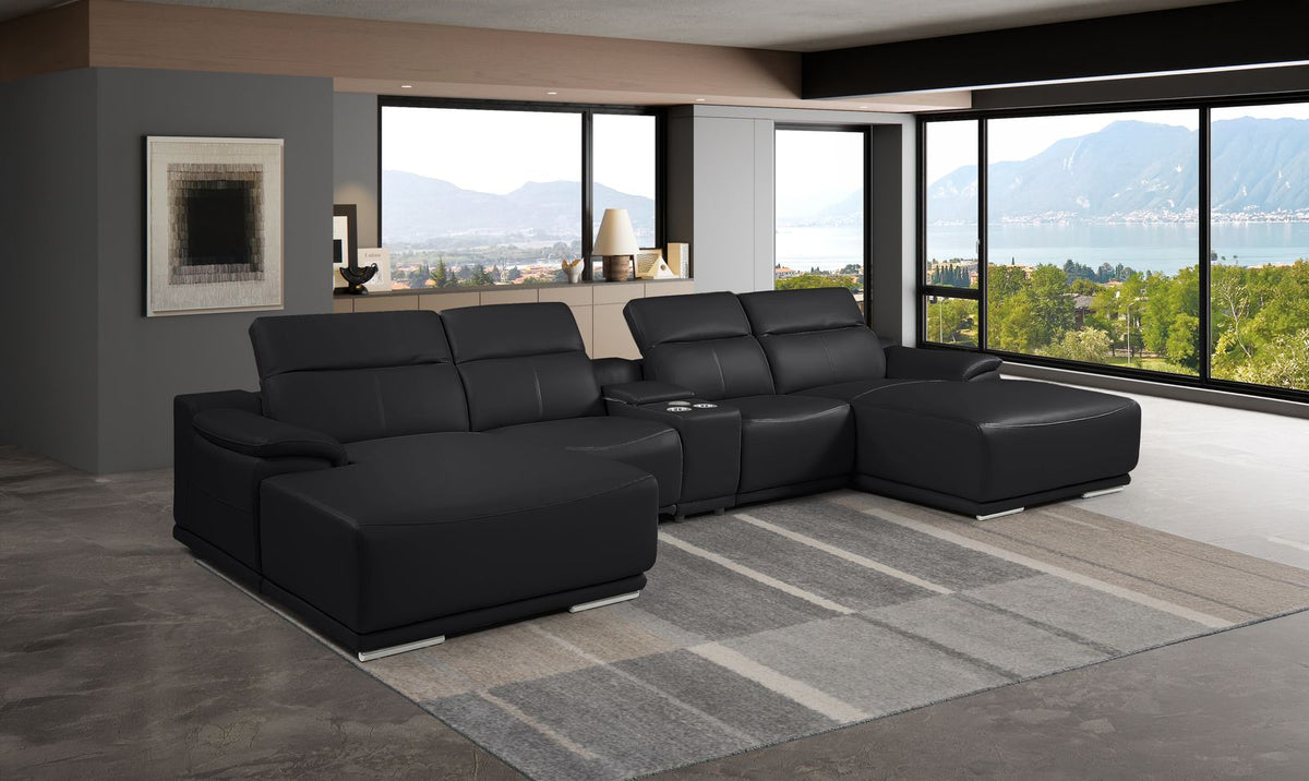 DivanItalia Black Italian Leather 5-Piece Sectional Sofa with Double Chaise – 9762BK-5PC-2CH