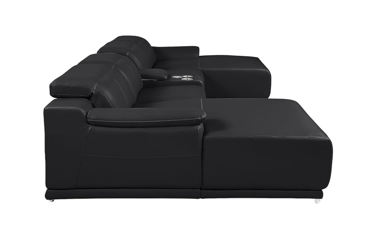 DivanItalia Black Italian Leather 5-Piece Sectional Sofa with Double Chaise – 9762BK-5PC-2CH