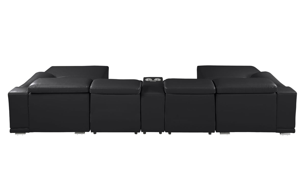 DivanItalia Black Italian Leather 5-Piece Sectional Sofa with Double Chaise – 9762BK-5PC-2CH
