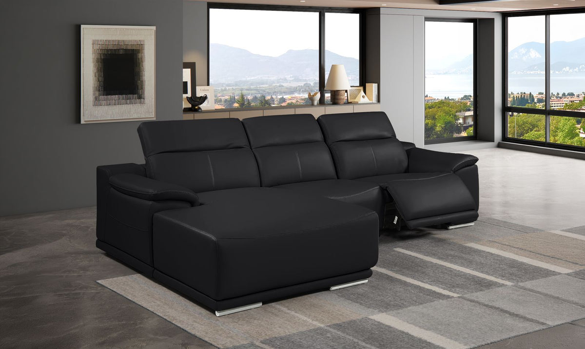 DivanItalia Black Italian Leather 3-Piece Power Reclining Sectional with Chaise – 9762BLK-3PC-CH