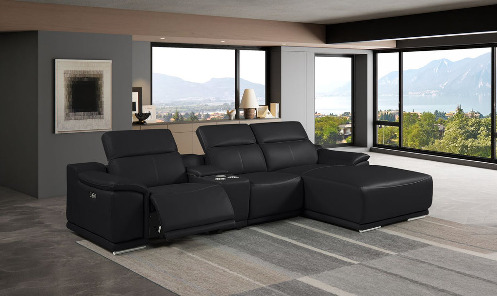 DivanItalia Black Italian Leather 4-Piece Power Reclining Sectional with Chaise – 9762BLK-4PC-CH