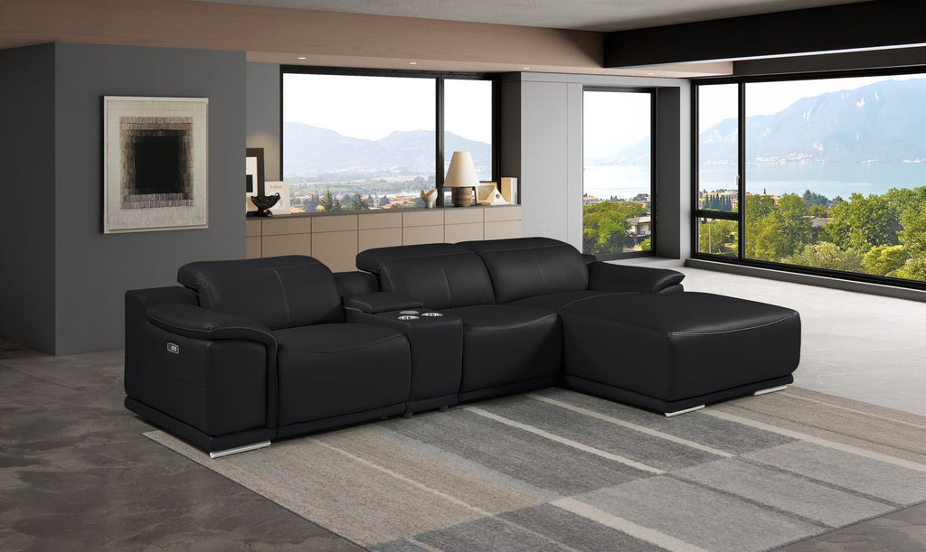 DivanItalia Black Italian Leather 4-Piece Power Reclining Sectional with Chaise – 9762BLK-4PC-CH