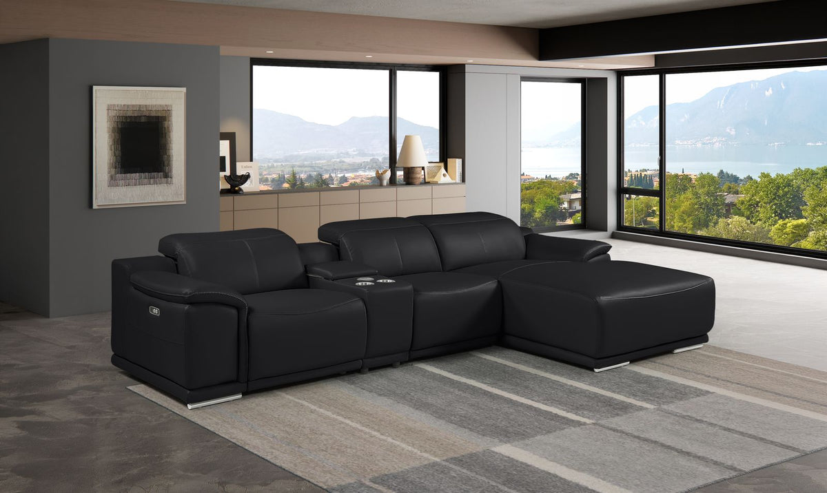 DivanItalia Black Italian Leather 4-Piece Power Reclining Sectional with Chaise – 9762BLK-4PC-CH