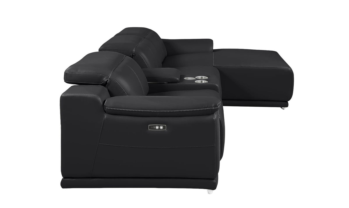 DivanItalia Black Italian Leather 4-Piece Power Reclining Sectional with Chaise – 9762BLK-4PC-CH