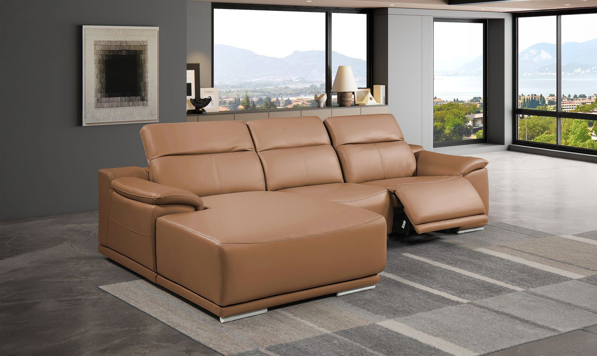 DivanItalia Cognac Italian Leather 3-Piece Power Reclining Sectional with Chaise – 9762CG-3PC-CH