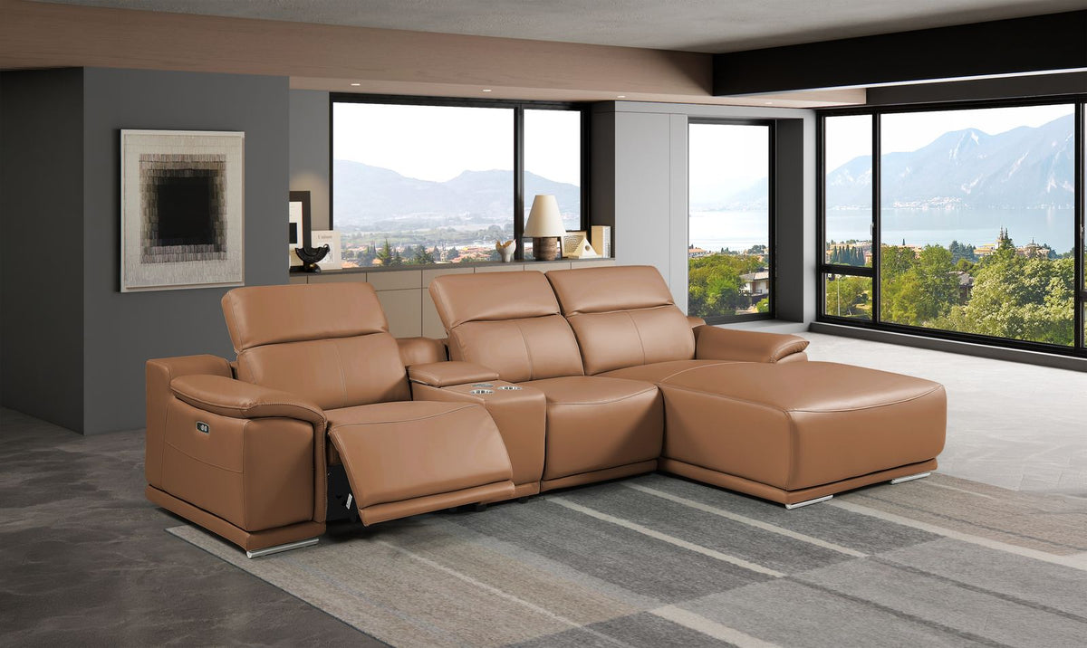 DivanItalia Cognac Italian Leather 4-Piece Power Reclining Sectional with Chaise – 9762CG-4PC-CH