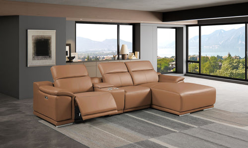 DivanItalia Cognac Italian Leather 4-Piece Power Reclining Sectional with Chaise – 9762CG-4PC-CH