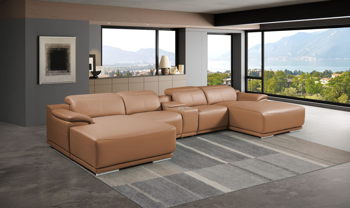 DivanItalia Cognac Italian Leather 5-Piece Sectional Sofa with Double Chaise – 9762CG-5PC-2CH