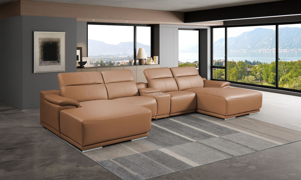 DivanItalia Cognac Italian Leather 5-Piece Sectional Sofa with Double Chaise – 9762CG-5PC-2CH