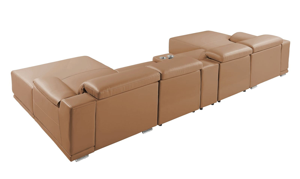 DivanItalia Cognac Italian Leather 5-Piece Sectional Sofa with Double Chaise – 9762CG-5PC-2CH