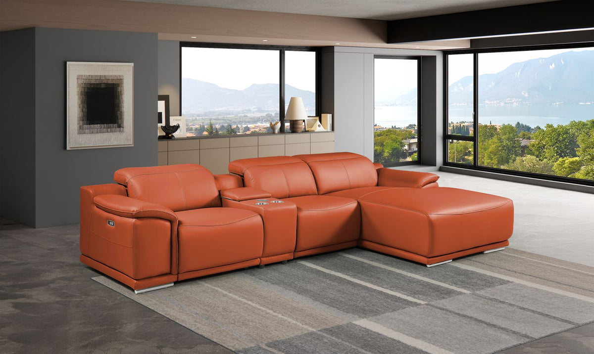 DivanItalia Camel Italian Leather 4-Piece Power Reclining Sectional with Chaise – 9762CM-4PC-CH