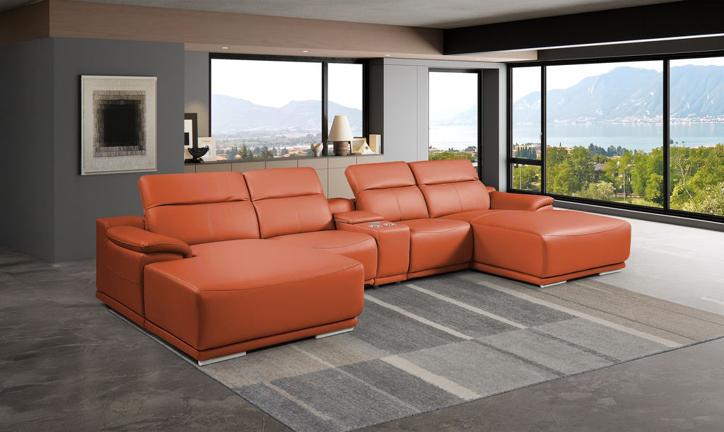 DivanItalia Camel Italian Leather 5-Piece Sectional Sofa with Double Chaise – 9762CM-5PC-2CH