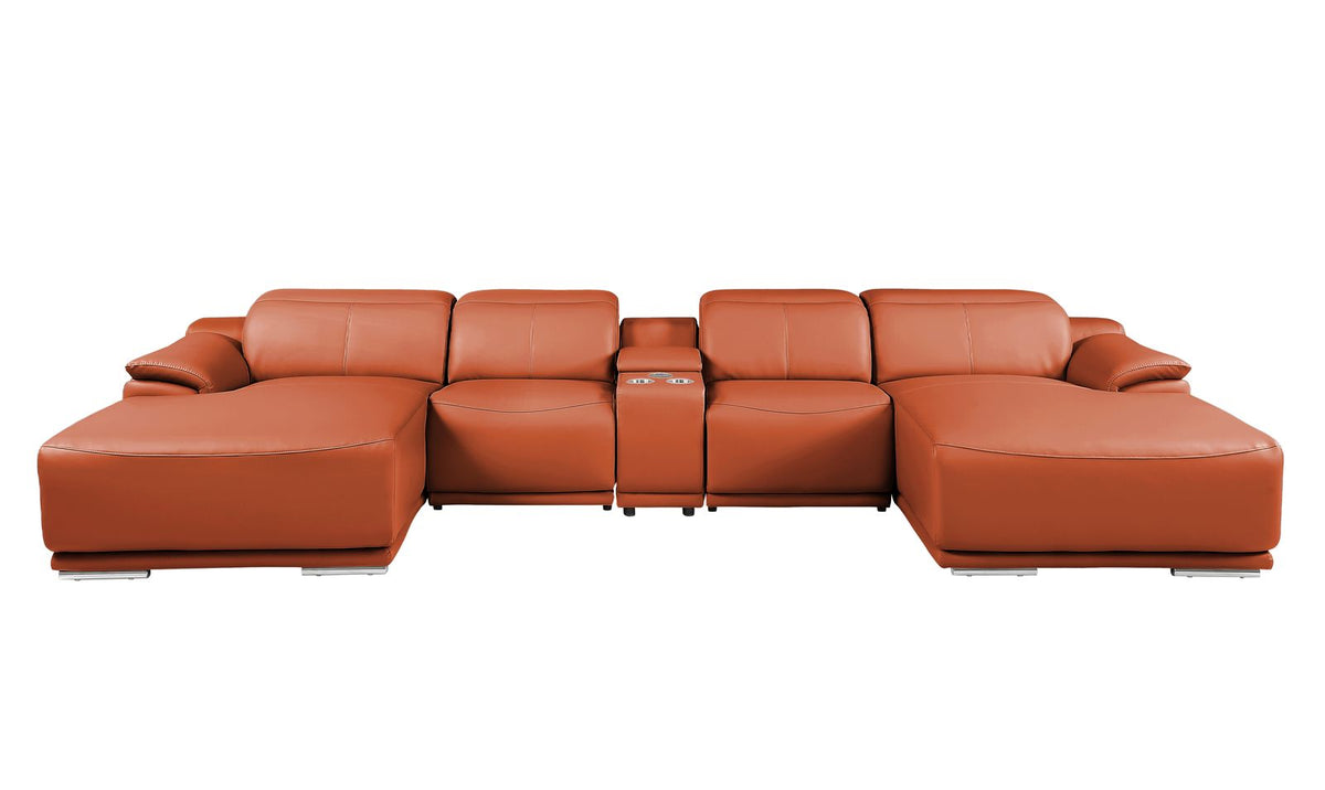DivanItalia Camel Italian Leather 5-Piece Sectional Sofa with Double Chaise – 9762CM-5PC-2CH