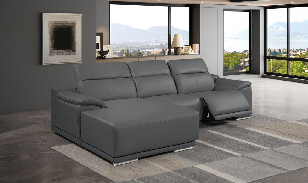 DivanItalia Dark Grey Italian Leather 3-Piece Power Reclining Sectional with Chaise – 9762DG-3PC-CH