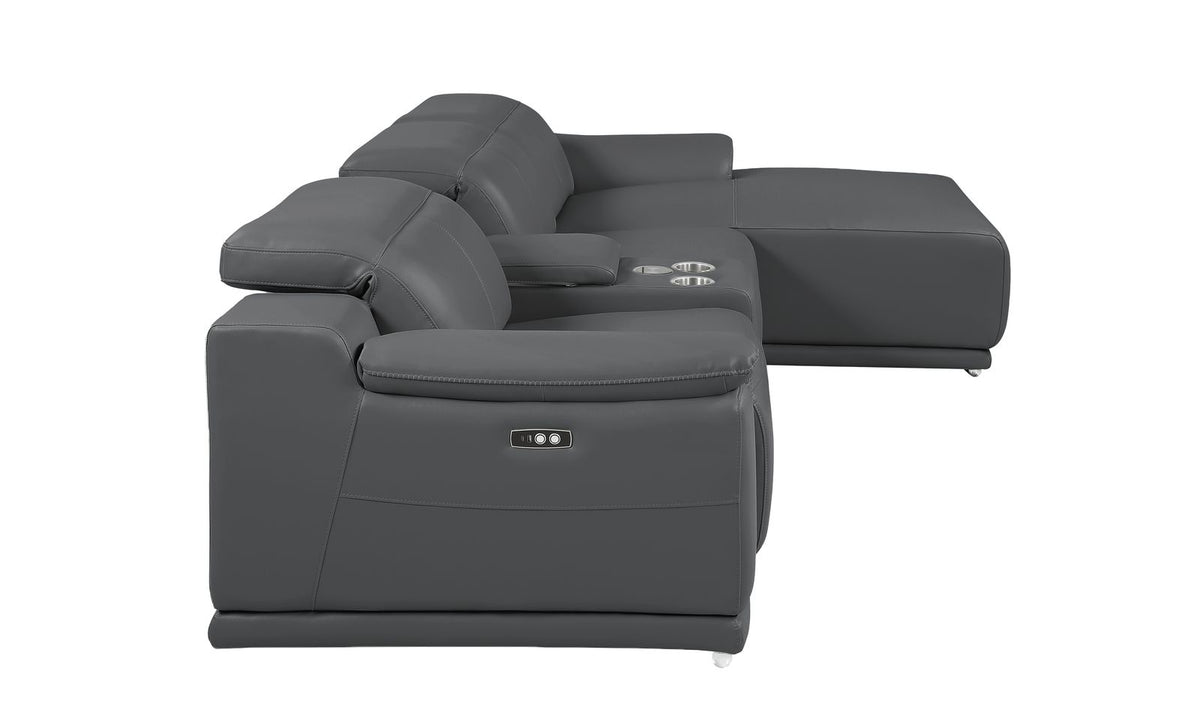 DivanItalia Dark Grey Italian Leather 4-Piece Power Reclining Sectional with Chaise – 9762DG-4PC-CH