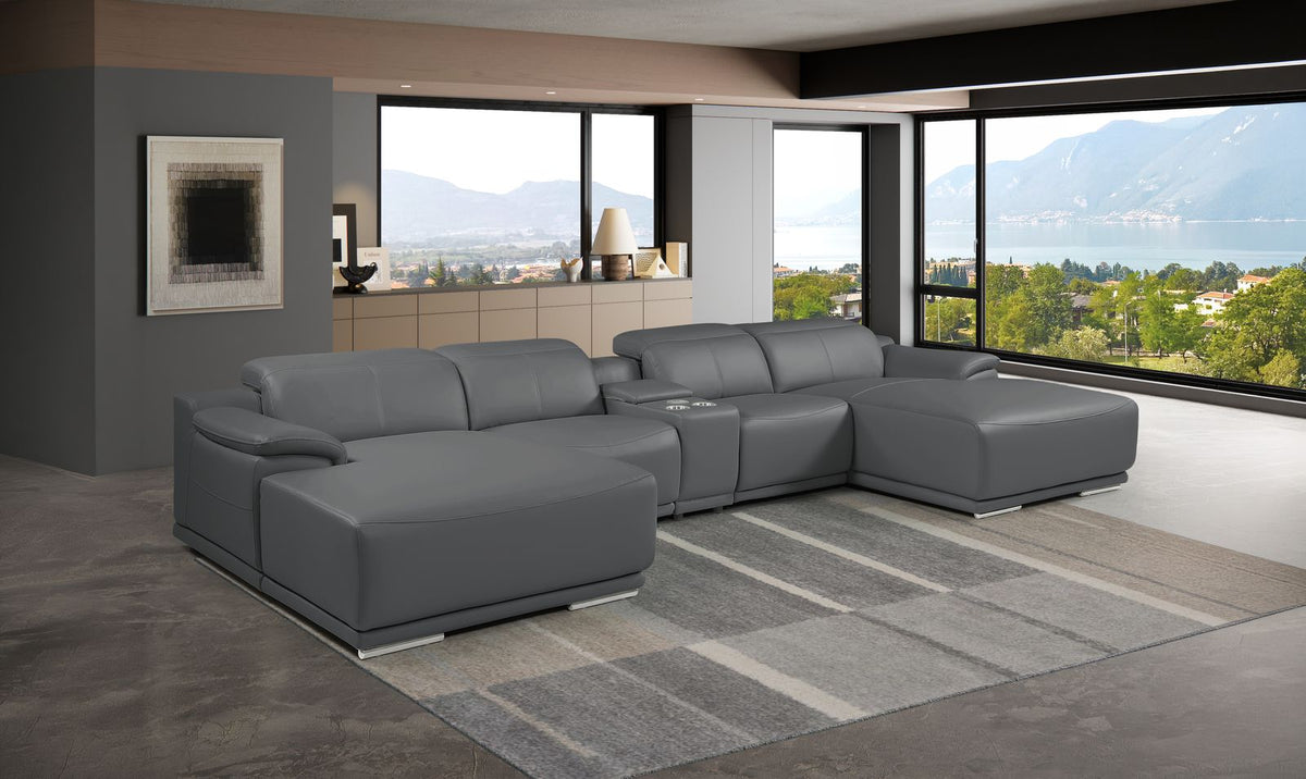 DivanItalia Dark Grey Italian Leather 5-Piece Sectional Sofa with Double Chaise – 9762DG-5PC-2CH