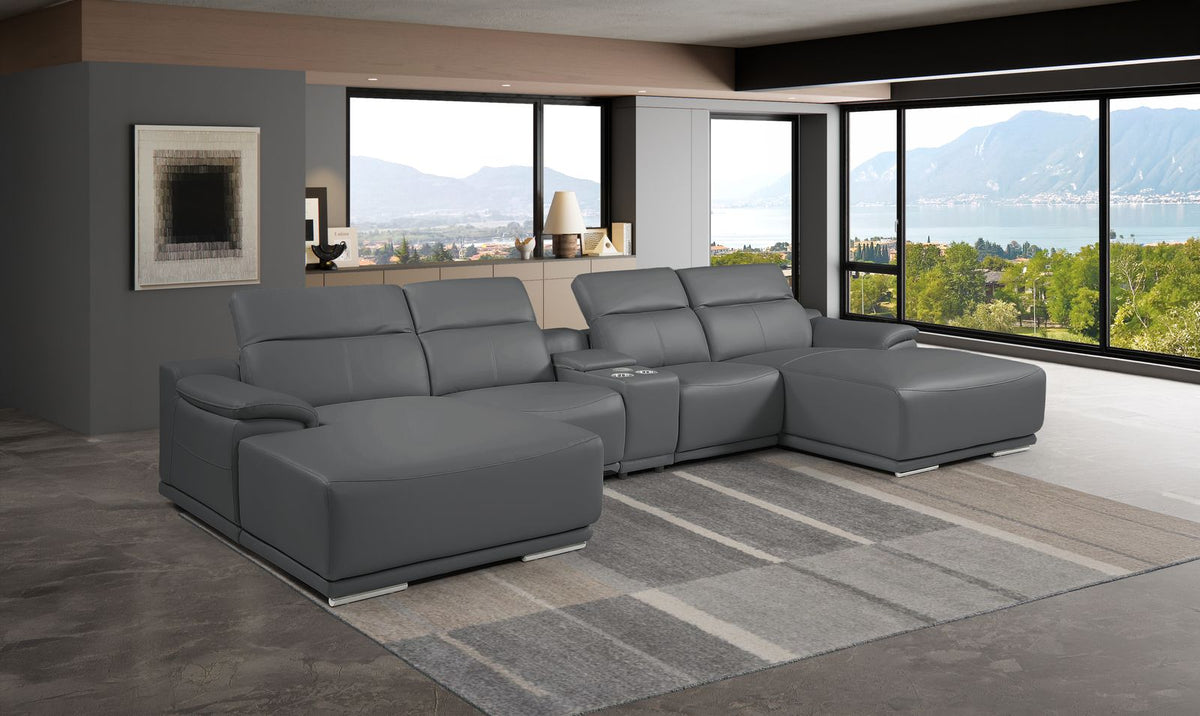 DivanItalia Dark Grey Italian Leather 5-Piece Sectional Sofa with Double Chaise – 9762DG-5PC-2CH