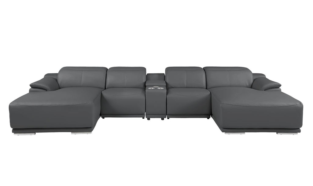 DivanItalia Dark Grey Italian Leather 5-Piece Sectional Sofa with Double Chaise – 9762DG-5PC-2CH