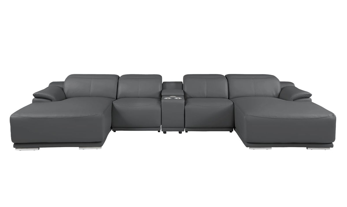 DivanItalia Dark Grey Italian Leather 5-Piece Sectional Sofa with Double Chaise – 9762DG-5PC-2CH