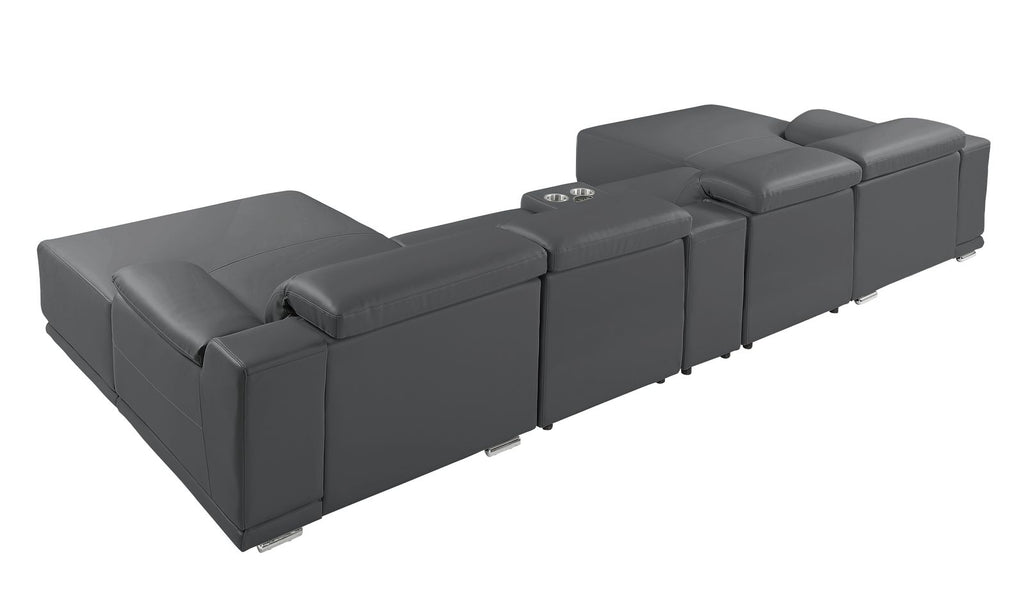 DivanItalia Dark Grey Italian Leather 5-Piece Sectional Sofa with Double Chaise – 9762DG-5PC-2CH
