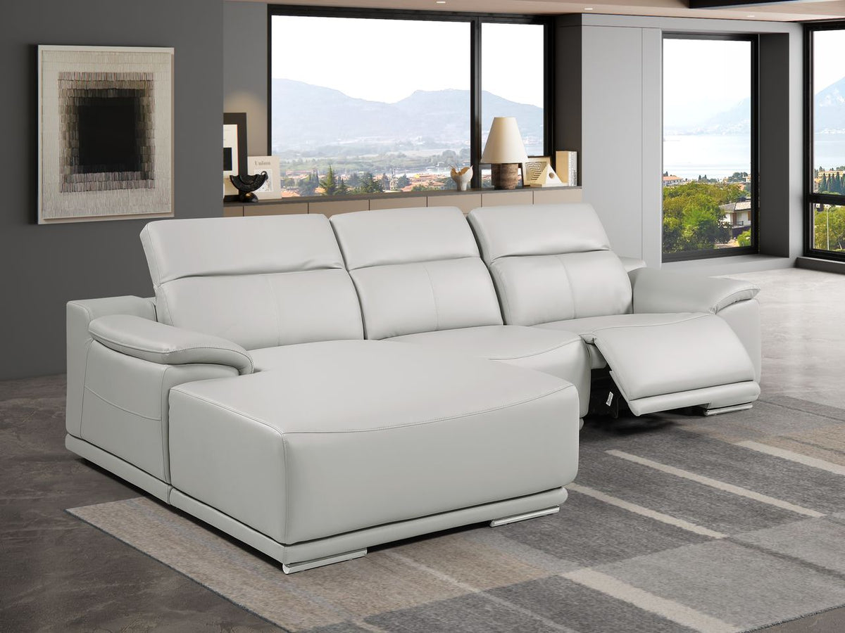 DivanItalia Light Grey Italian Leather 3-Piece Power Reclining Sectional with Chaise – 9762LG-3PC-CH