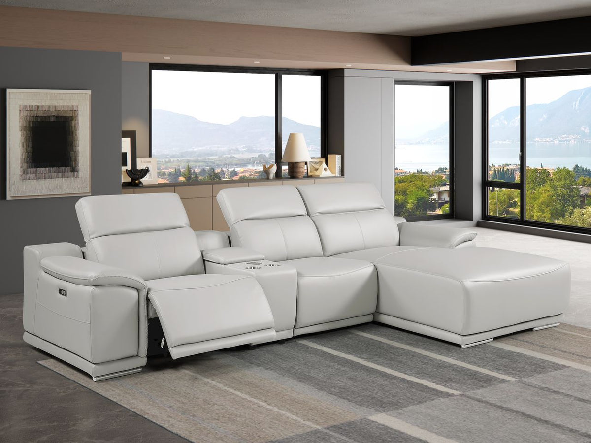 DivanItalia Light Grey Italian Leather 4-Piece Power Reclining Sectional with Chaise – 9762LG-4PC-CH