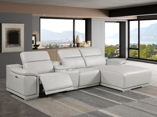 DivanItalia Light Grey Italian Leather 4-Piece Power Reclining Sectional with Chaise – 9762LG-4PC-CH