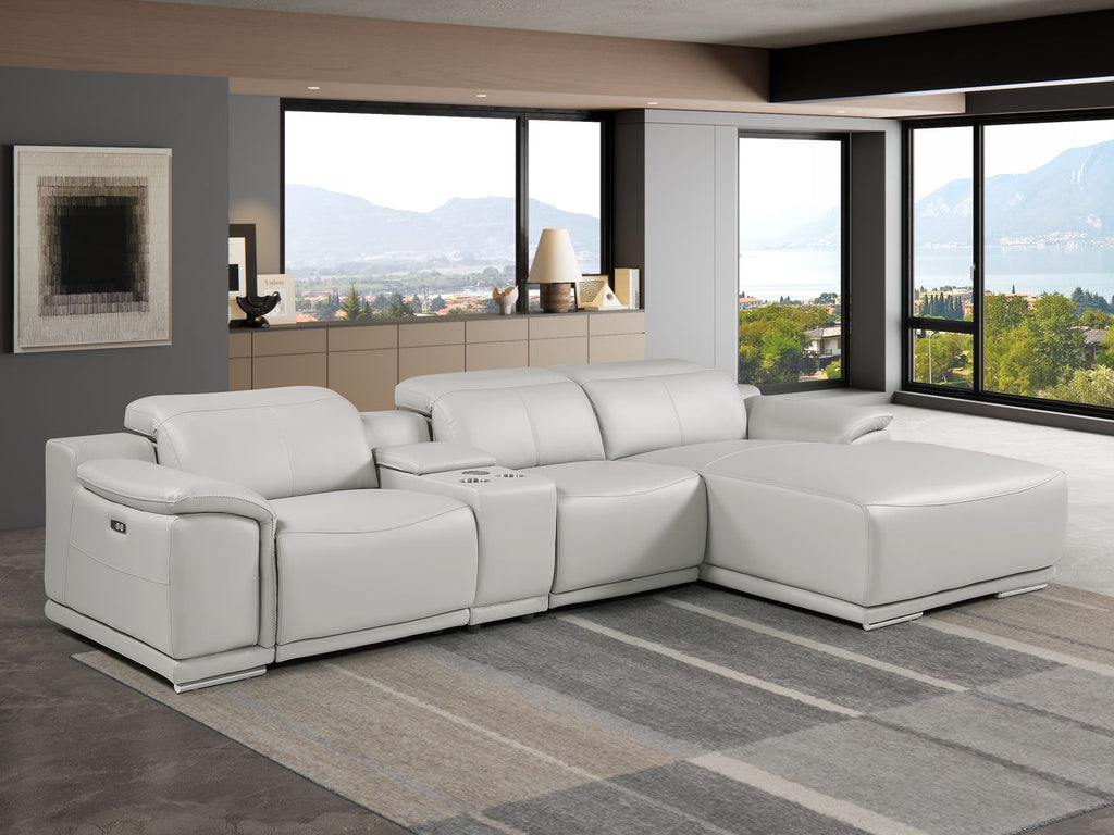 DivanItalia Light Grey Italian Leather 4-Piece Power Reclining Sectional with Chaise – 9762LG-4PC-CH