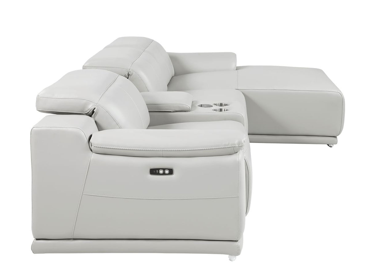 DivanItalia Light Grey Italian Leather 4-Piece Power Reclining Sectional with Chaise – 9762LG-4PC-CH